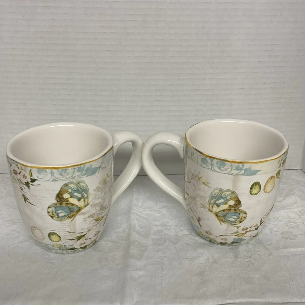 Pier 1 Imports Earthenware Field Notes Butterfly Garden Large Mugs Cup Set of 2